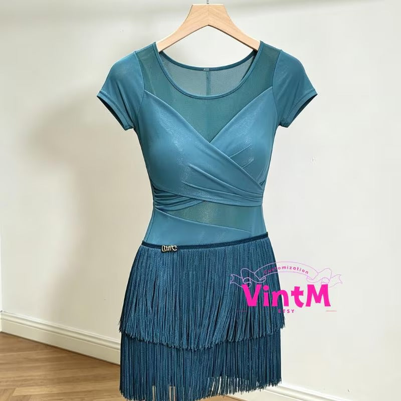 Mesh & Shiny Fabric Latin Dance Dress (Top + Skirt) | Short Sleeve Fringe Practice Costume