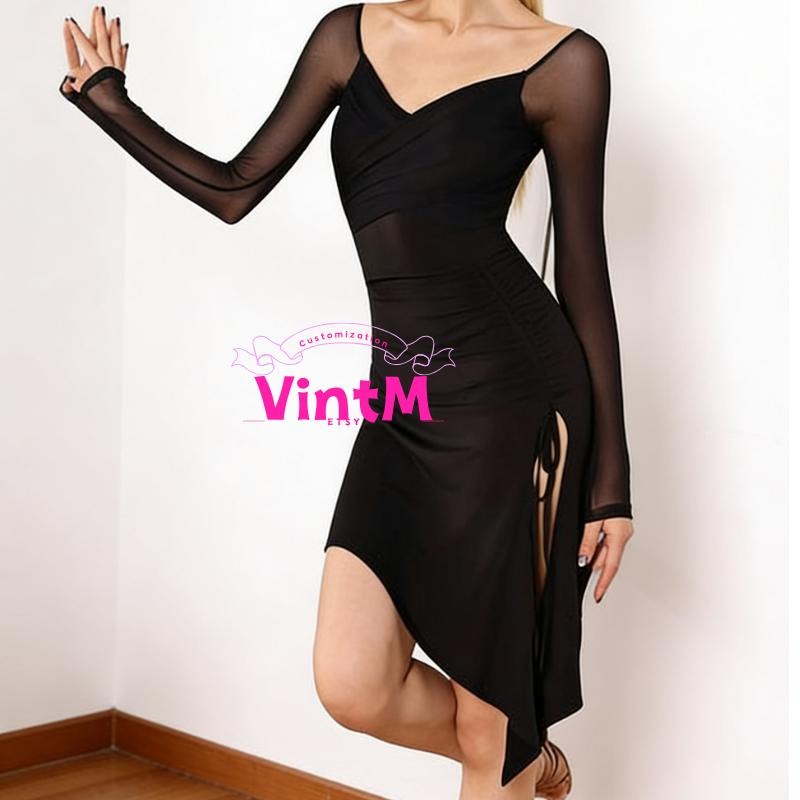 Long Sleeve Mesh Latin Dance Dress | Ruched Slimming Cha Cha Practice Gown